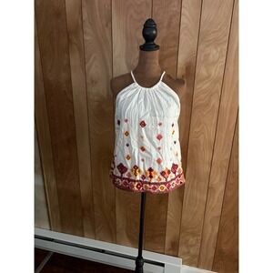 Ann Taylor LOFT White Cotton Embroidered Halter Top Red Orange Boho XS